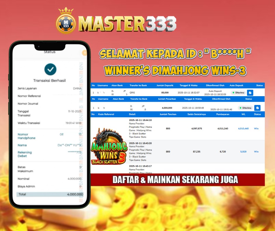 MASTER333 JACKPOT SLOT  Mahjong wins - 3 1000  Rp.4,000,000.,- LUNAS